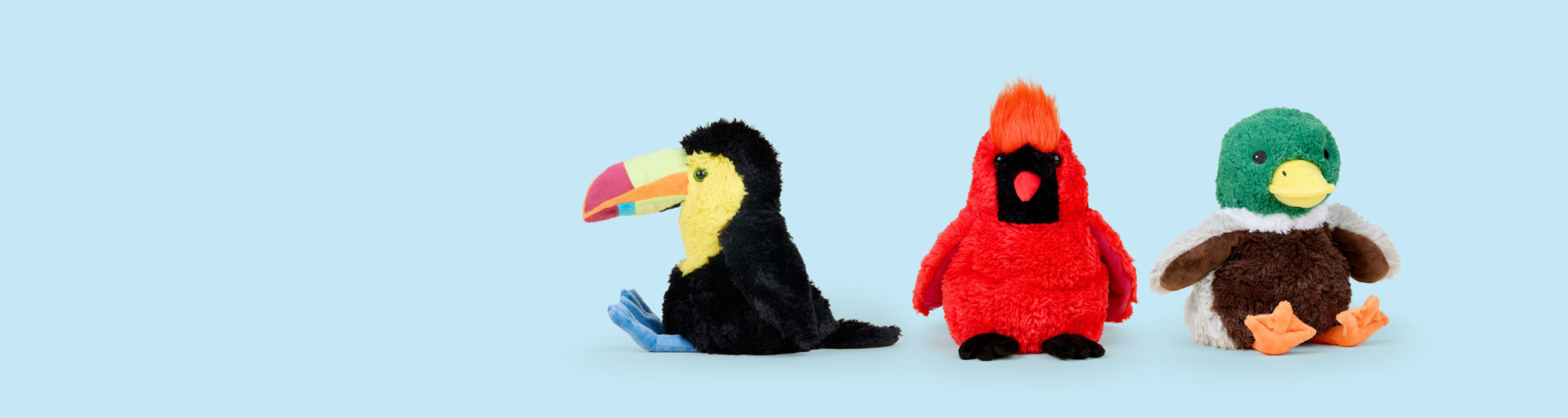 warmies bird stuffed animal toucan, cardinal, and mallard