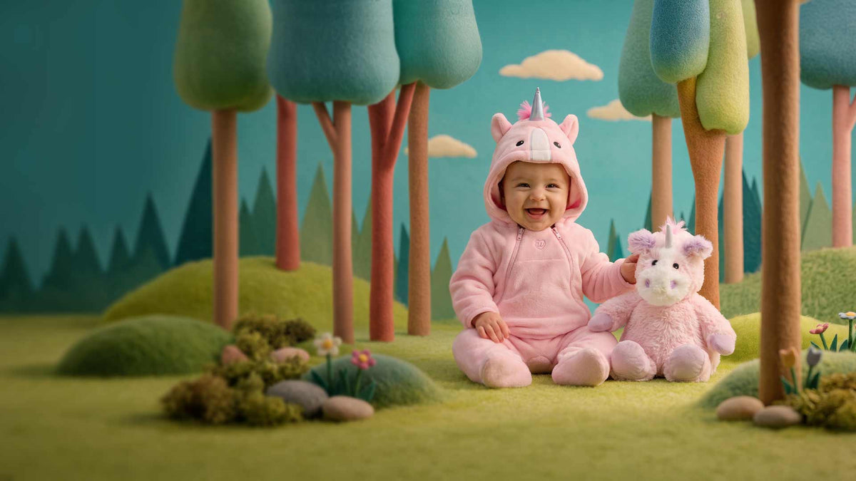 Smiling baby in a pink unicorn Warmies winter-wear onesie sitting next to a unicorn Warmies plush in a felt forest