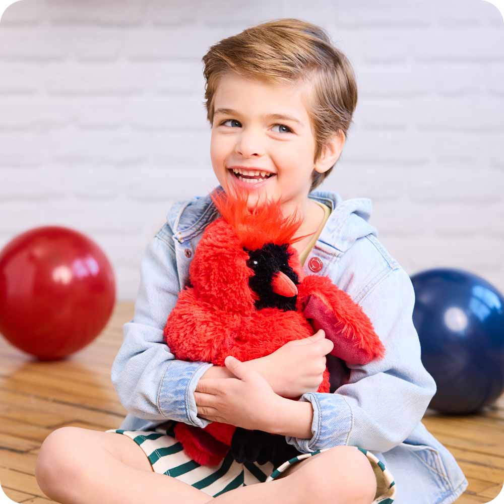 Little boy in a jean jacket sitting on the floor surrounded by balloons and hugging a Red Cardinal Warmies