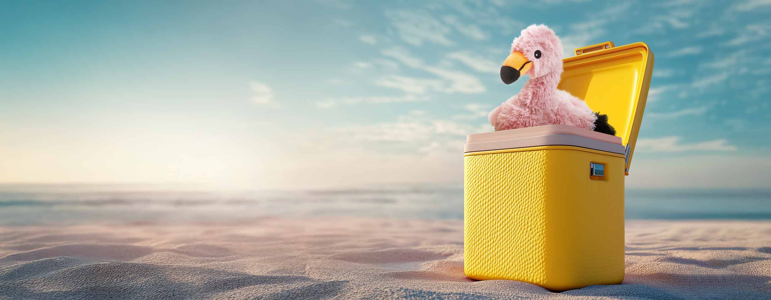 Flaming Warmies sitting a yellow cooler on a sandy beach.