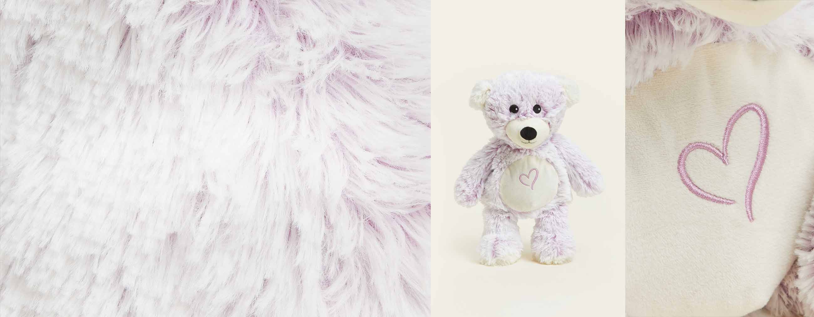 Love Bear Warmies, close up detail shots of fur and heart detail.