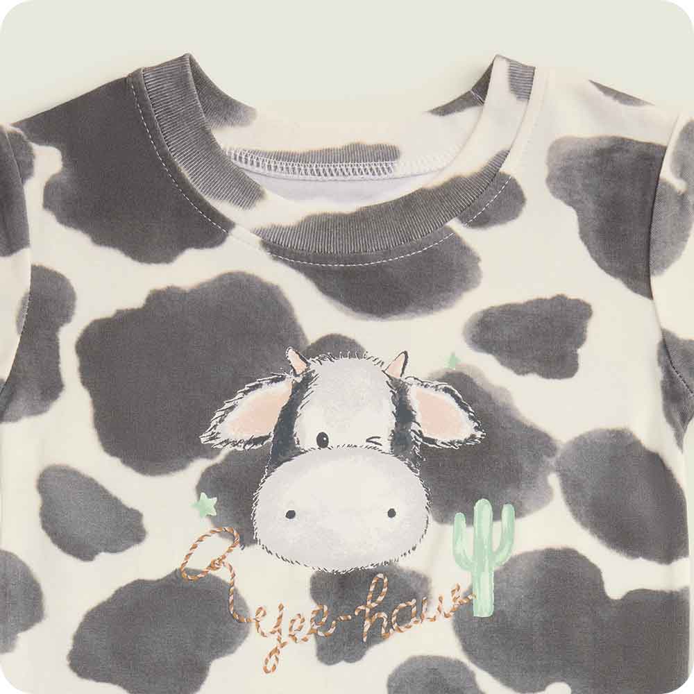 warmies Black and White Cow Shorties Pajamas yee haw detail