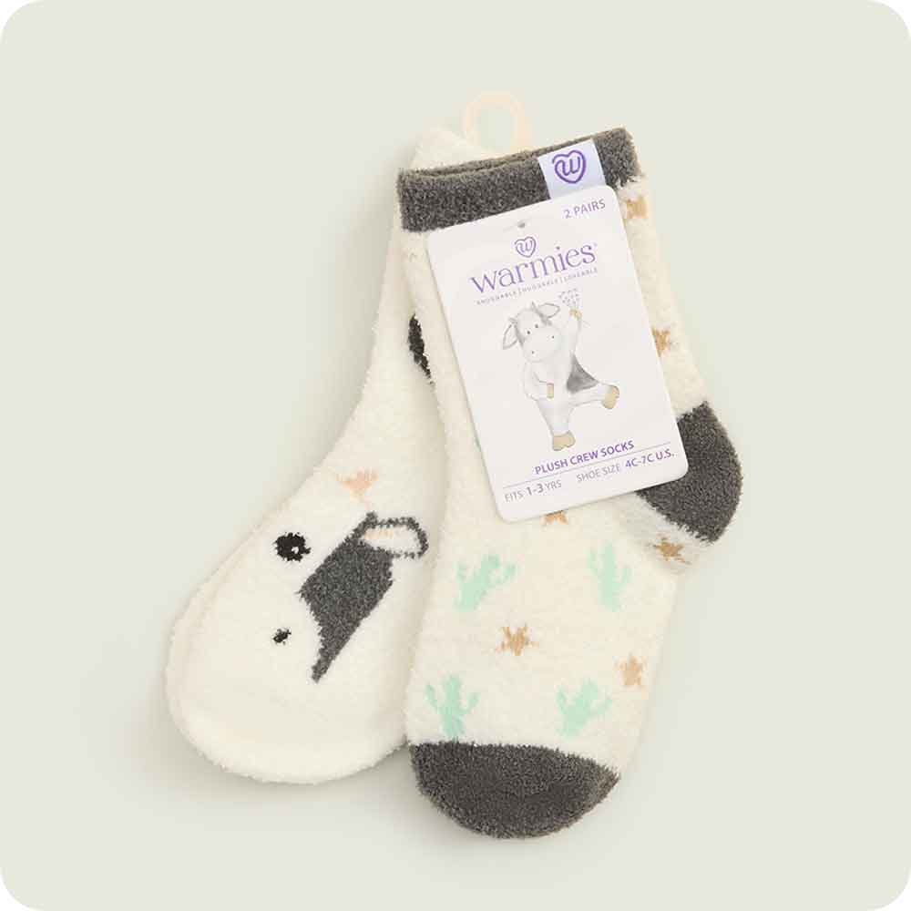 Warmies tag on Black and White Cow Crew Sock Set