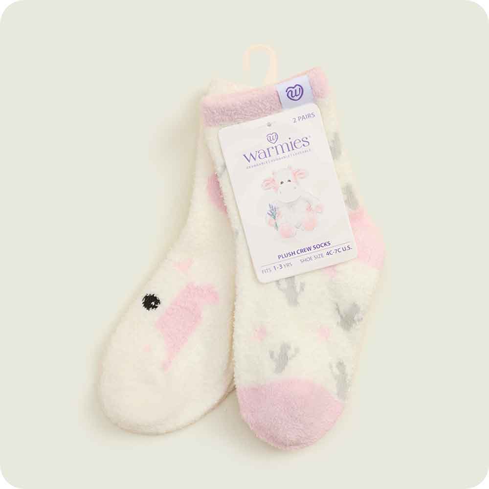 Warmies tag on Strawberry Cow Crew Sock Set
