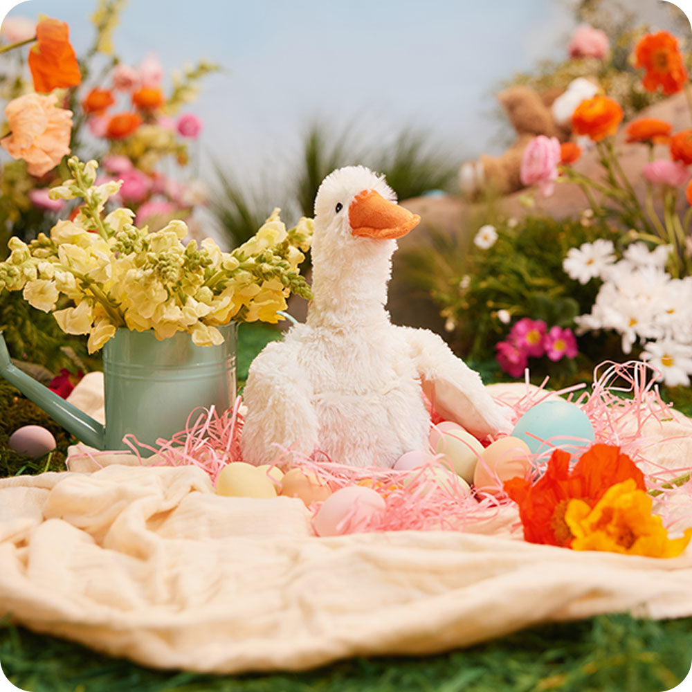 garden picnic with a duck stuffed animal
