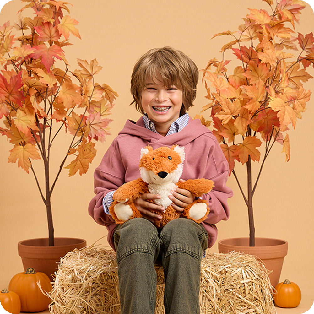 autumn scene with boy holding fox stuffed animal
