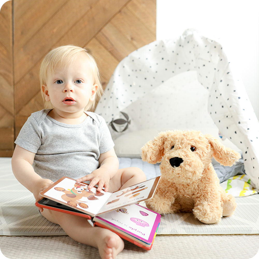 baby with golden dog warmies stuffed animal