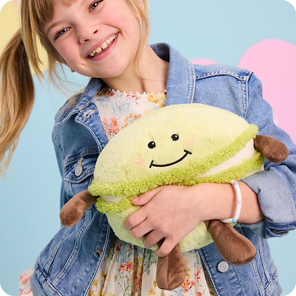 girl holding macaron stuffed animal warmies