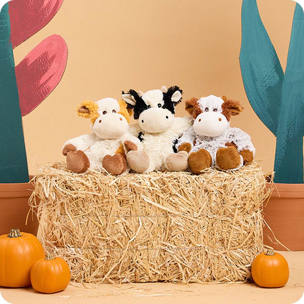 warmies cow trio on haybale