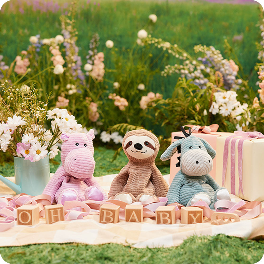 my first warmies trio pig, sloth, and donkey in garden picnic setting