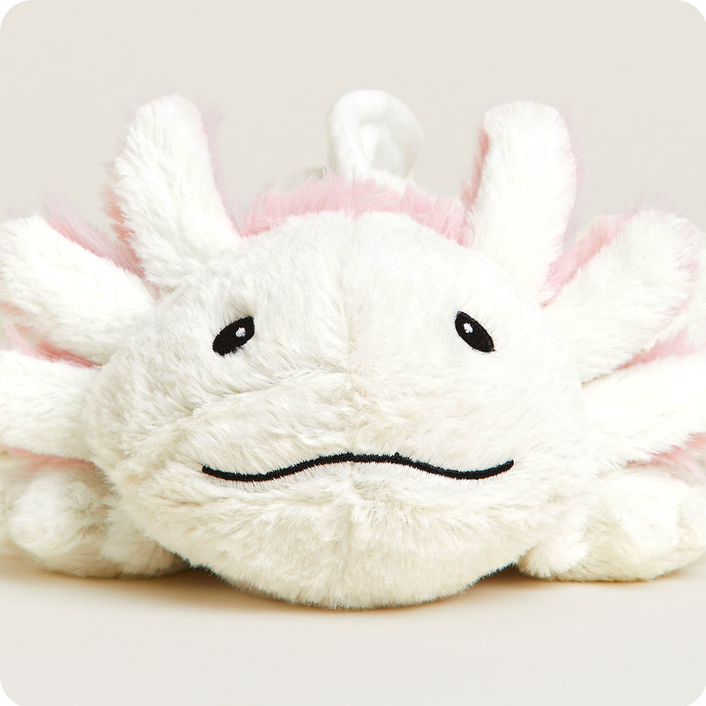 Relaxing Warmies White and Pink Axolotl Plush Stuffed Animal Heating Pad Close Up Face