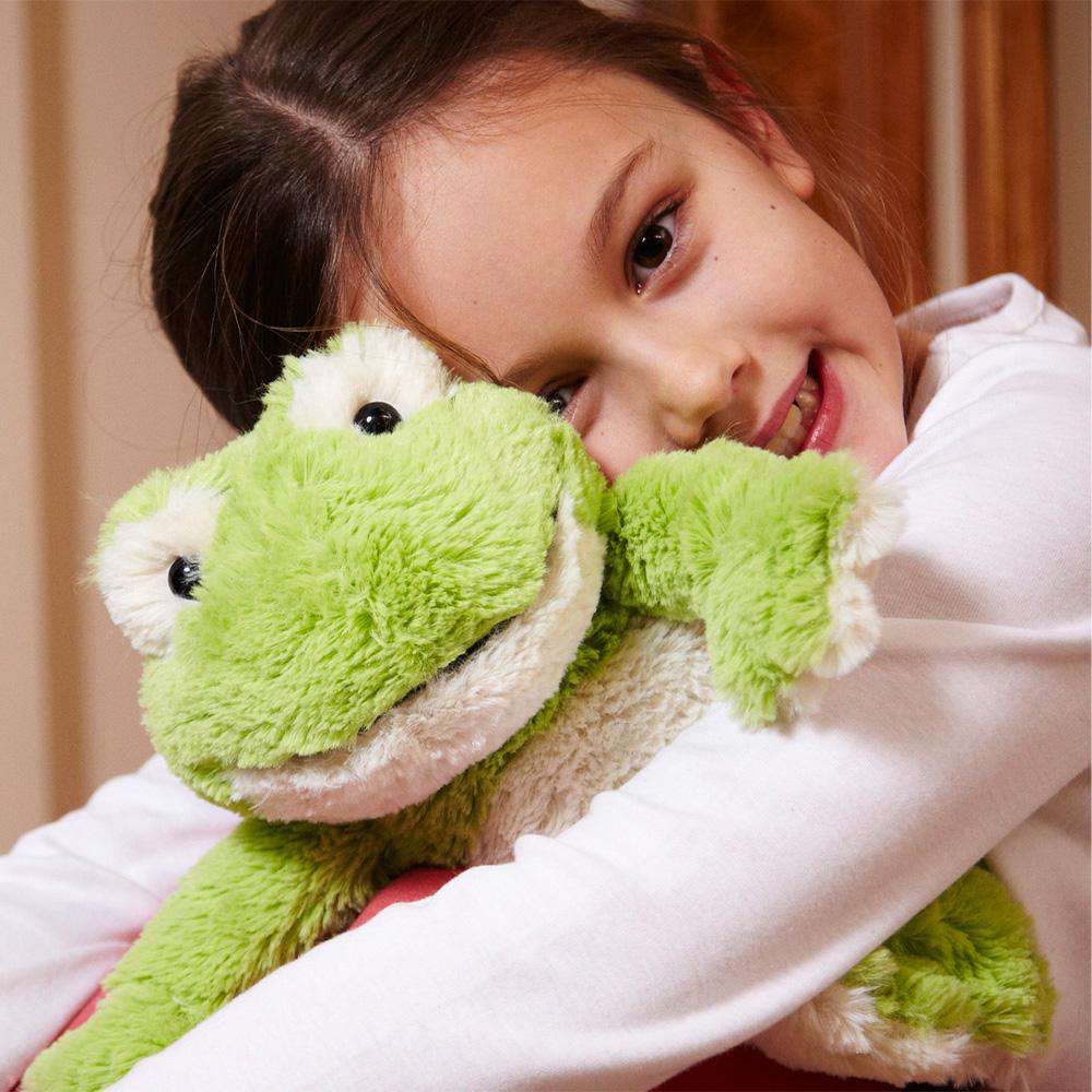 Girl hugging Cute Weighted Lavender Scented Frog Stuffed Animal Heating Pad Warmies