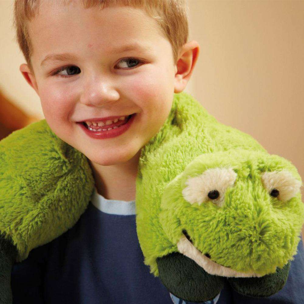Little boy wearing Cozy Soft Microwavable Frog Wrap