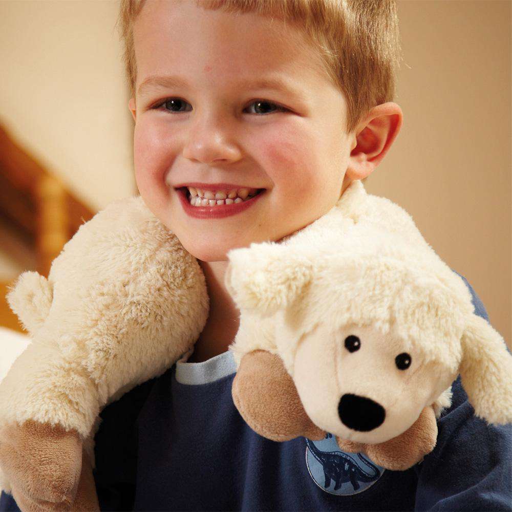 Child wearing Soothing Cozy Sheep Wrap Stuffed Animal Warmies