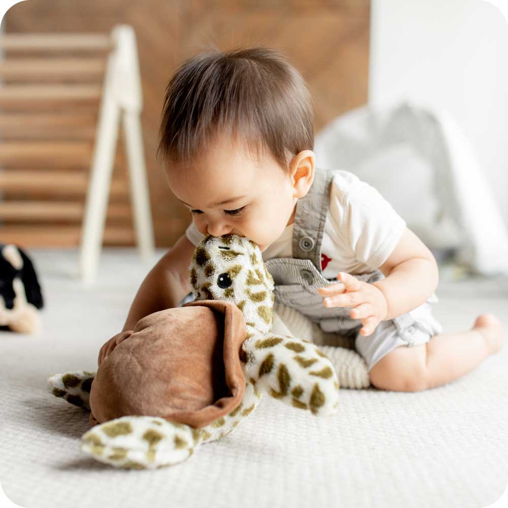 Baby playing with Cute Weighted Lavender Scented Turtle Stuffed Animal Heating Pad Warmies