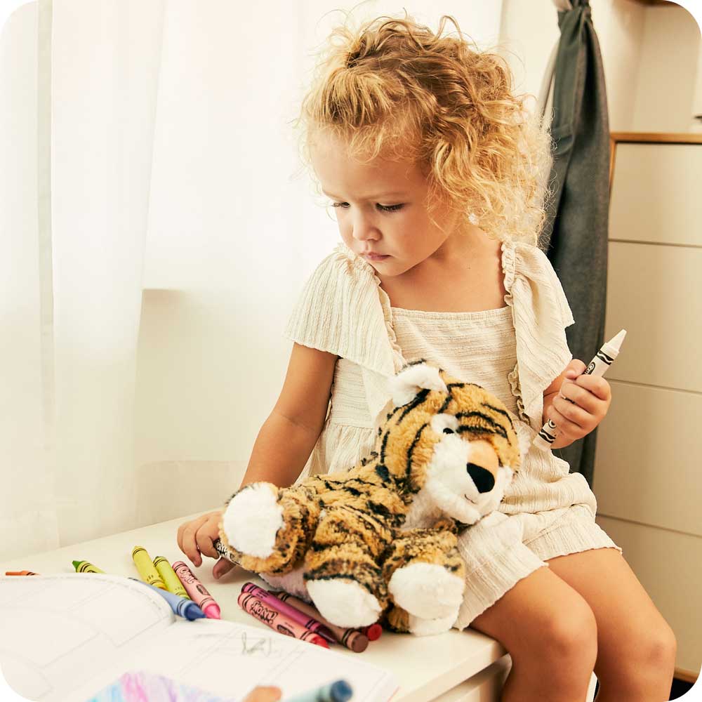 Little girl coloring books with Soft Warm Weighted Tiger Plush Warmies
