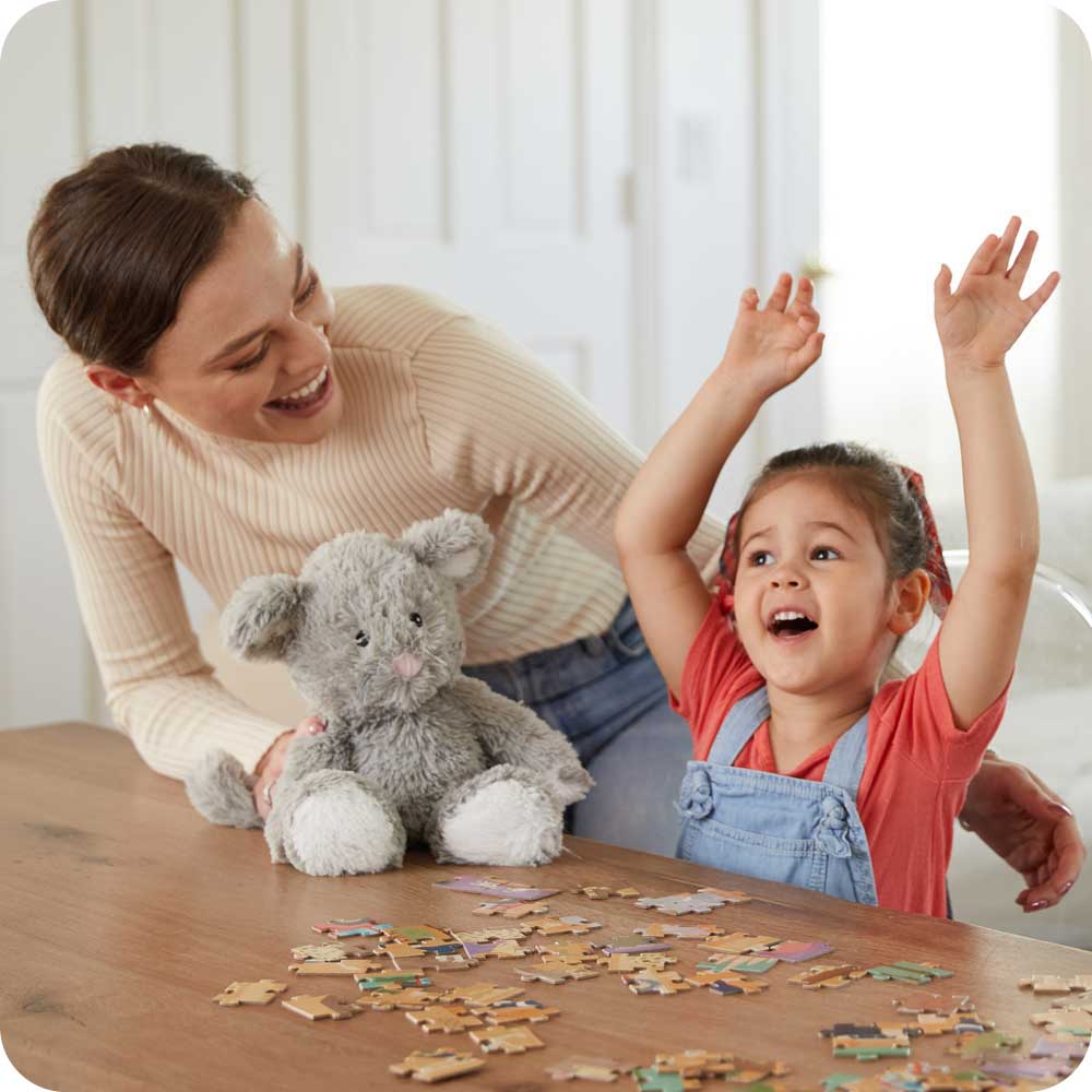 Mother and daughter playing with Cute Weighted Lavender Scented Mouse Stuffed Animal Heating Pad Warmies
