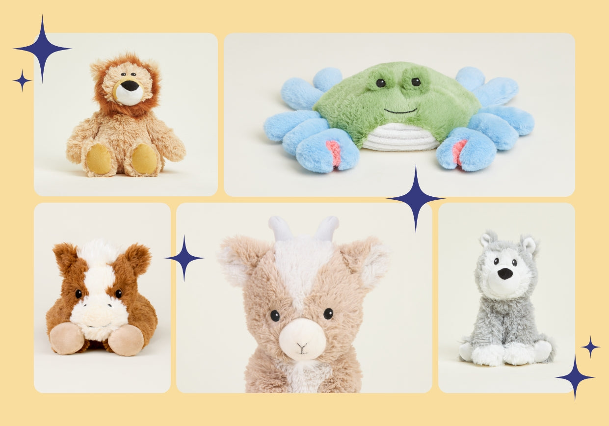 A Goat, Lion, Horse, Crab and Husky Warmies on a yellow background with stars.