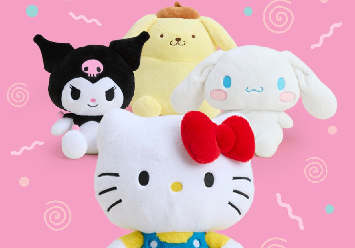 Cinnamoroll, Kuromi,  Pompompurin and Hello Kitty Warmies on a pink background with cartoon drawings.