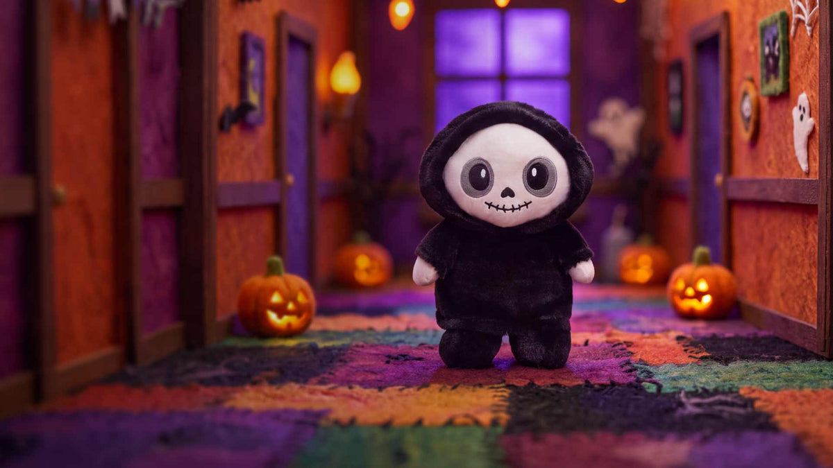 Ghost Man Warmies plush standing in a cozy Halloween hallway with glowing jack-o'-lanterns