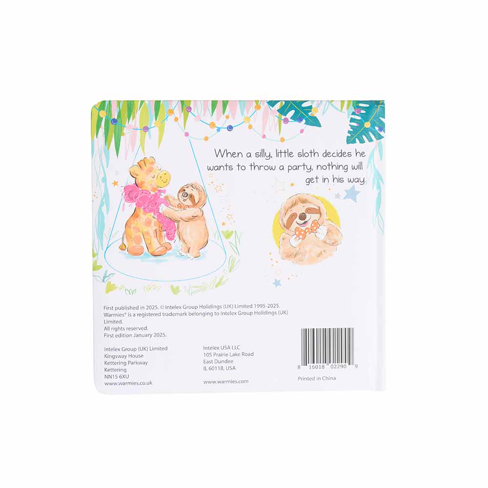 Back cover of Sloth Throws a Party Board Book - Warmies USA