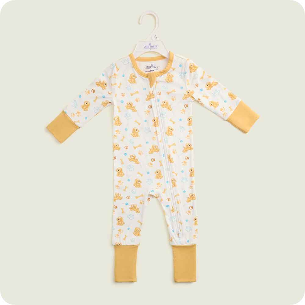 warmies golden dog footed sleeper zipper front