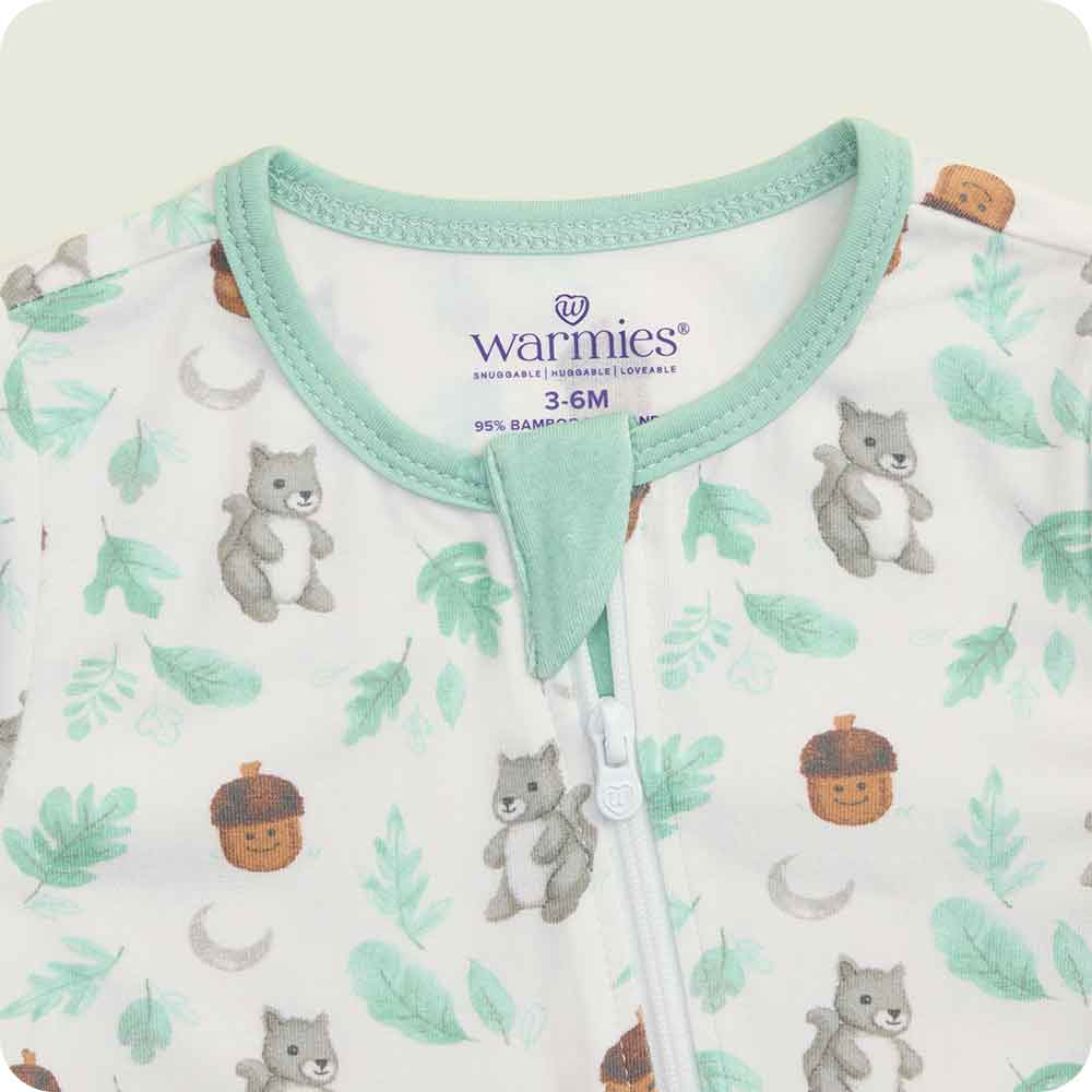 warmies Gray Squirrel Footie Pajamas zipper detail