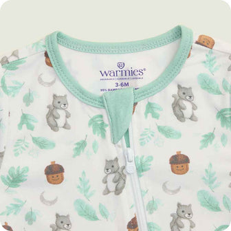 warmies Gray Squirrel Footie Pajamas zipper detail