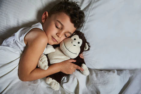 Child sleeping with a Monkey Warmie