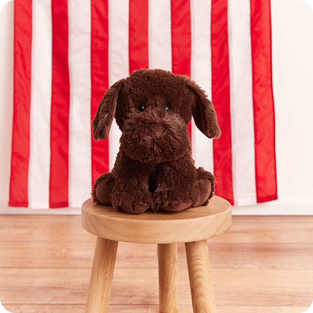 chocolate lab stuffed animal with flag in background