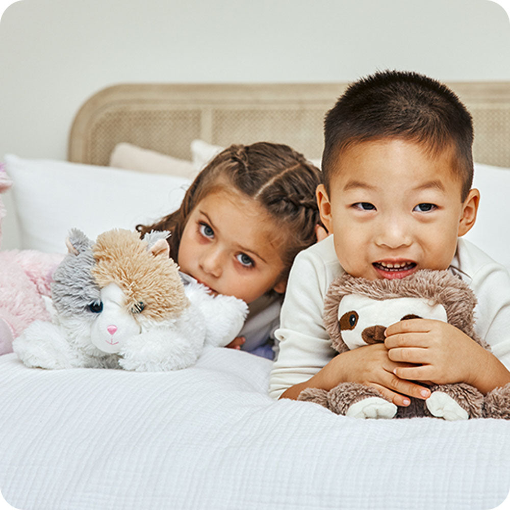 kids cuddling calico cat warmies lifestyle