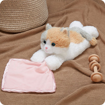 calico cat blankie on baby blanket with toys