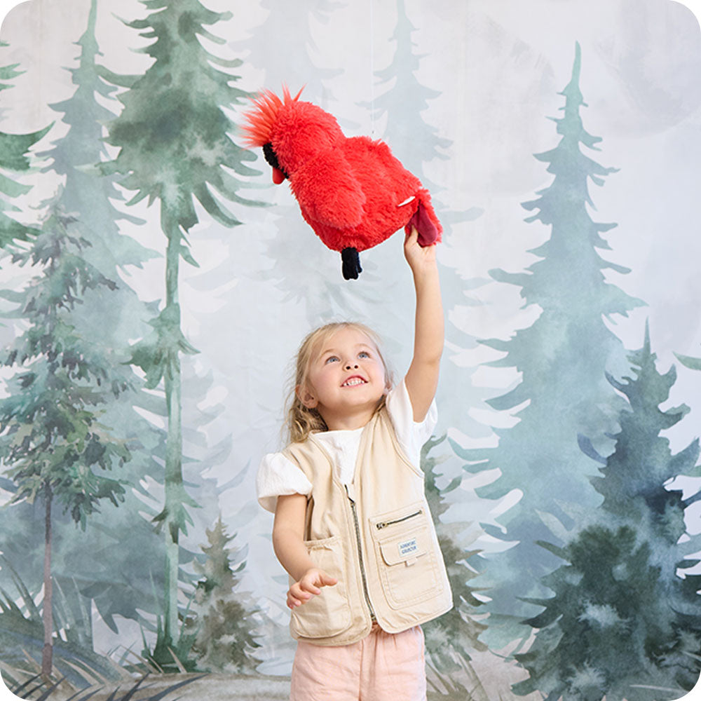 girl playing with cardinal stuffed animal warmies