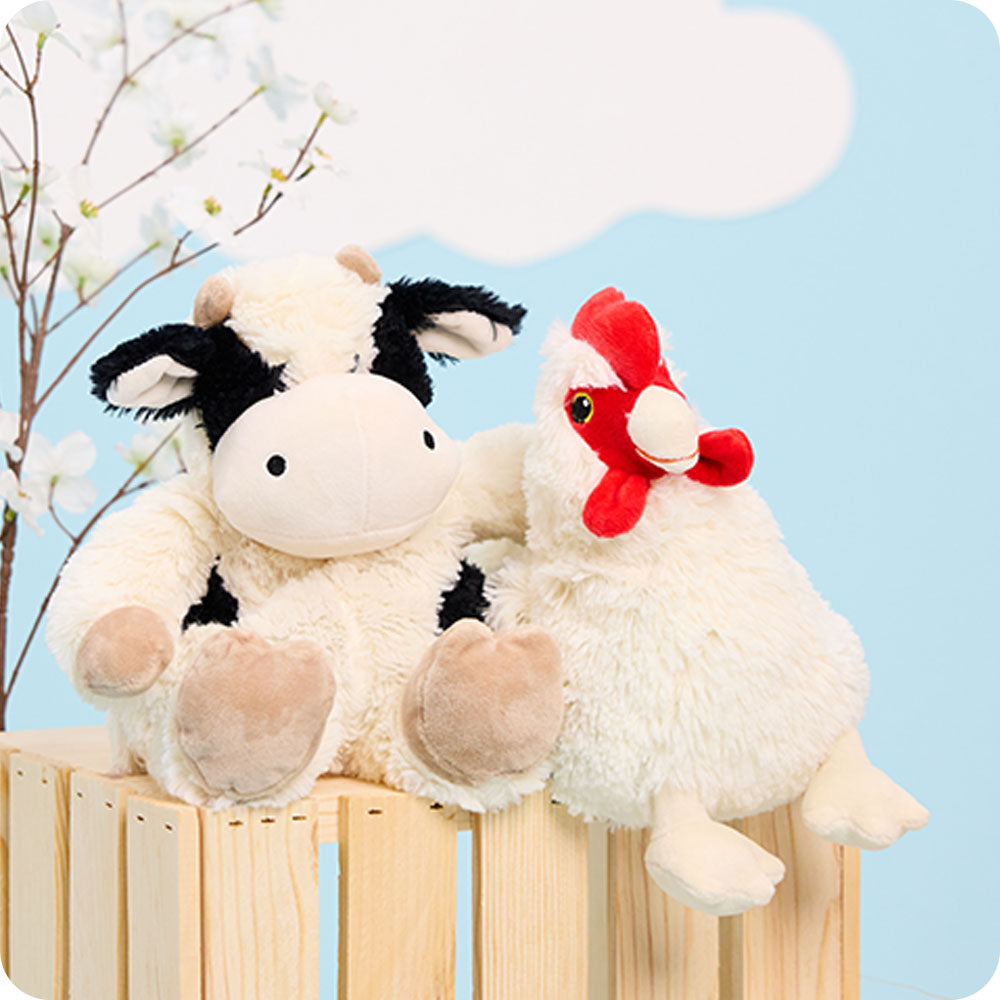 cow warmies stuffed animal cuddling chicken warmies stuffed animal