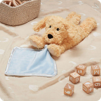 warmies golden dog blankie on kids blanket with blocks