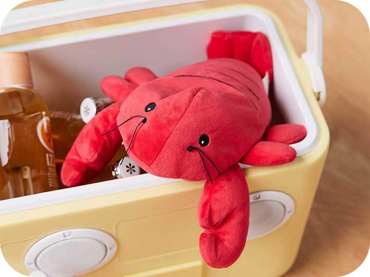 A Red Lobster Warmies sitting in a yellow cooler with a few closed beverage bottles below. 