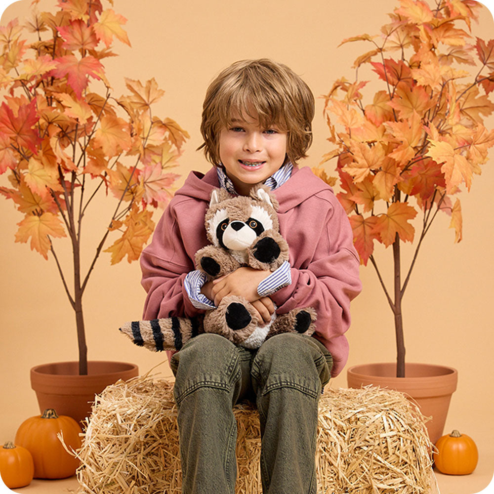 boy holding raccoon stuffed animal in autumn setting