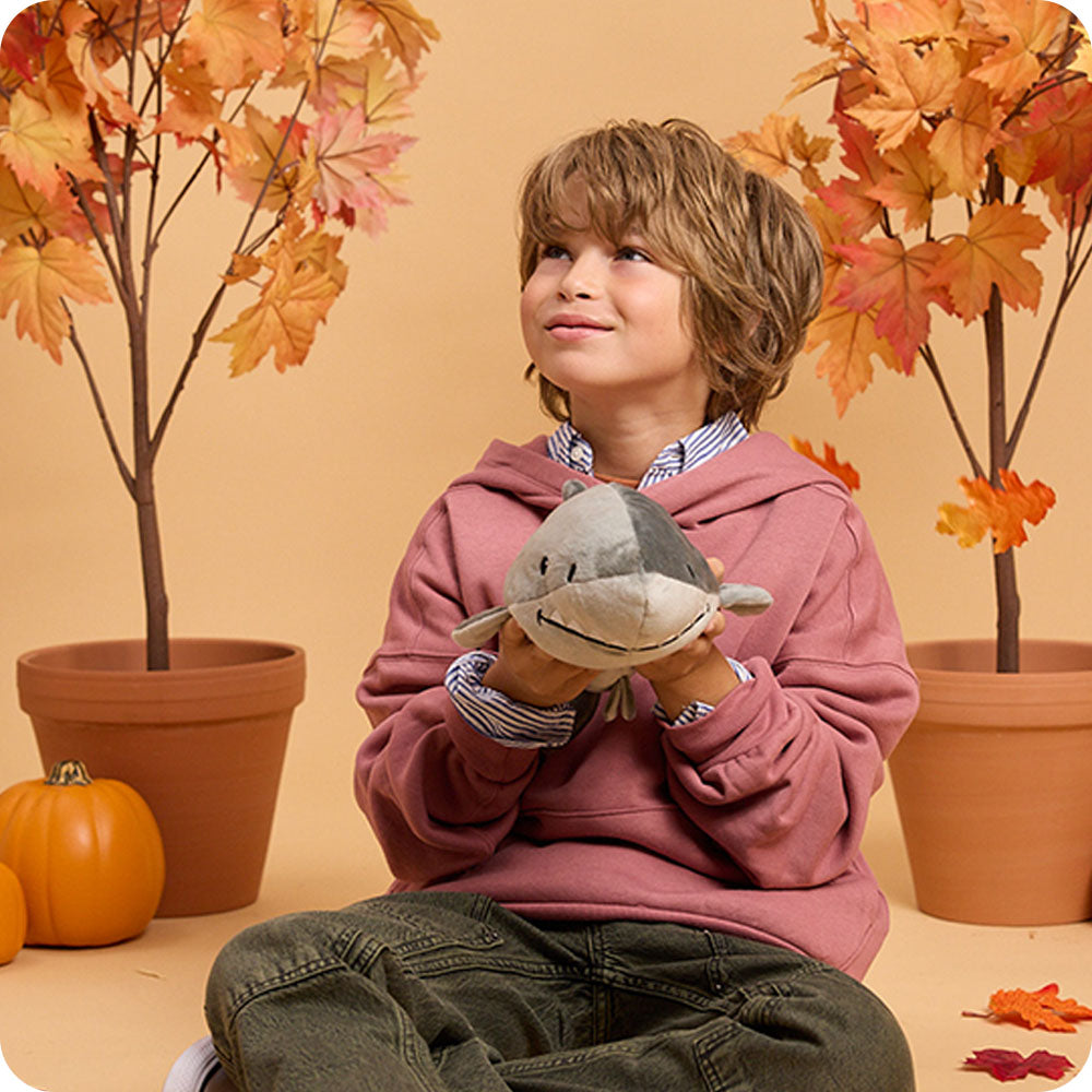 boy holding shark stuffed animal in autumn setting
