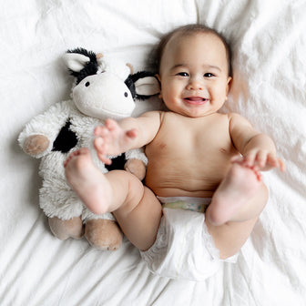 Baby laying down with Cute Weighted Lavender Scented Black and White Cow Stuffed Animal Heating Pad Warmies
